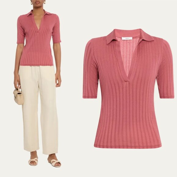 NWT New $195 Vince Elbow-Sleeve Rib Polo Pink Shirt Size M - Picture 2 of 9